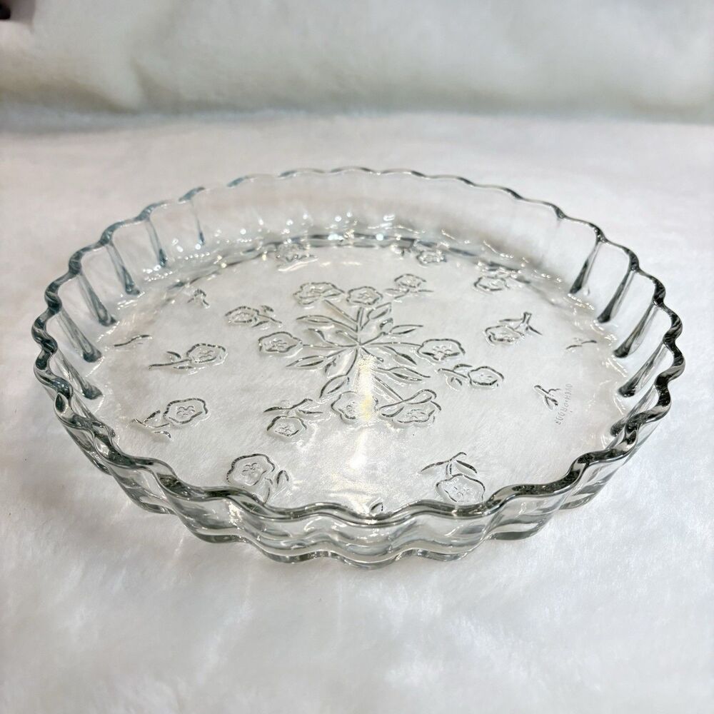 Anchor Hocking Savannah 10" Quiche Pan Dish Embossed Floral Glass Tart Pie Plate